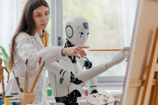 Human artist and AI system working together in studio environment